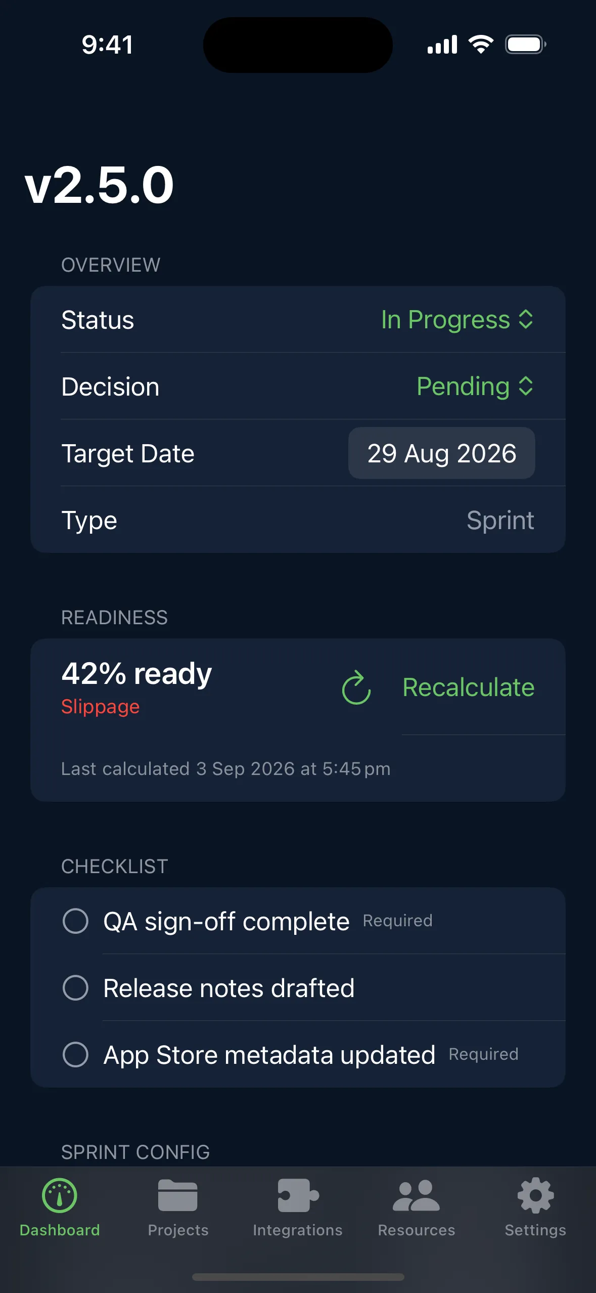 ReleaseSense release detail screen showing status, a 42% readiness score and the release checklist